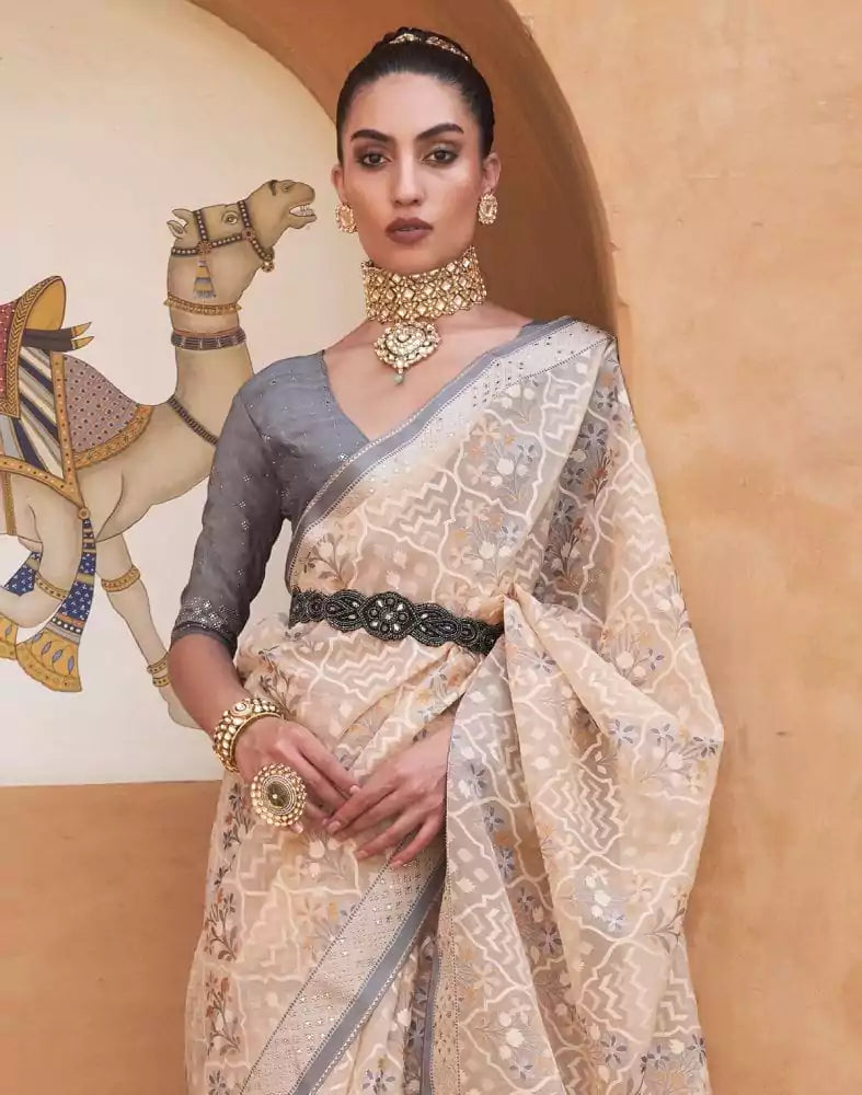 Image of Light Orange Floral Hand Painted Brasso Saree