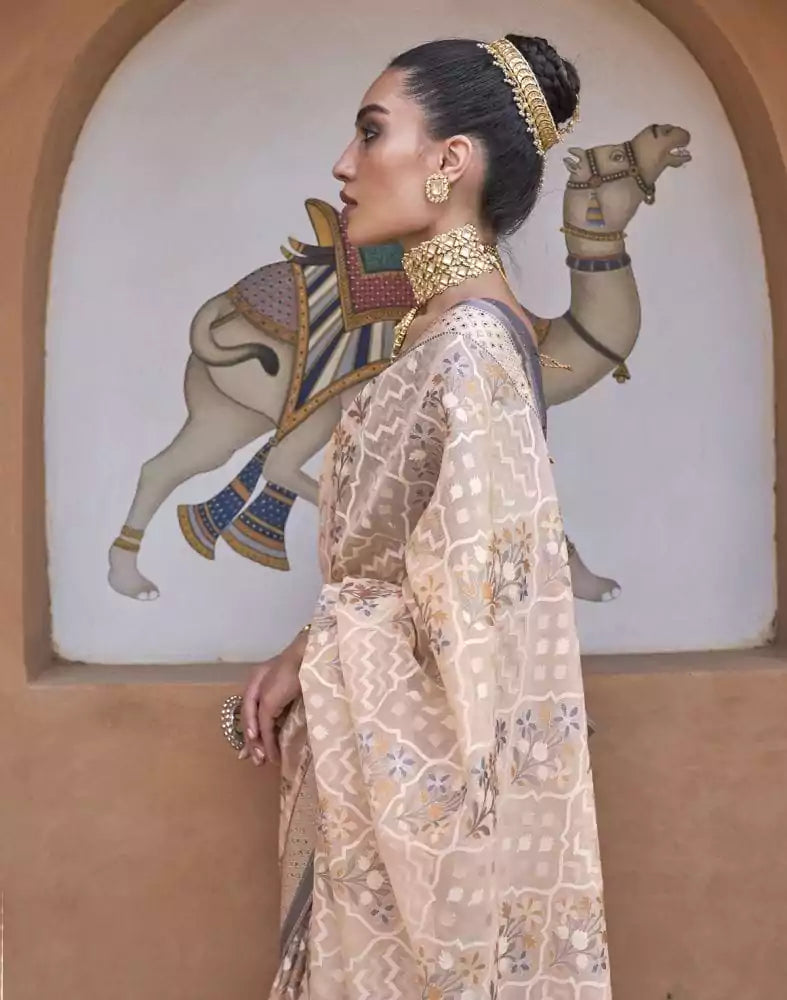 Image of Light Orange Floral Hand Painted Brasso Saree