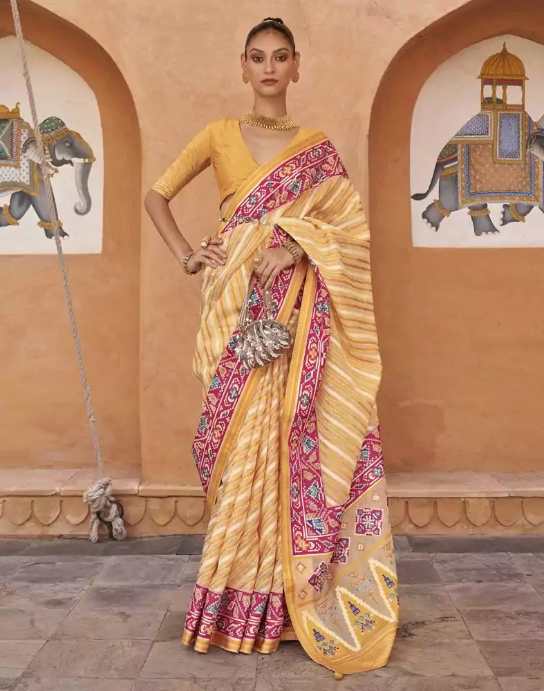 Image of Mustard Stripes Pattern Hand Painted Brasso Saree