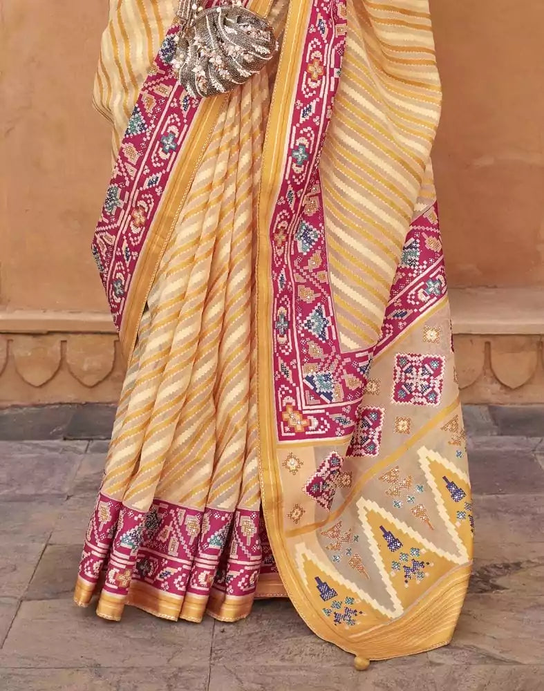Image of Mustard Stripes Pattern Hand Painted Brasso Saree
