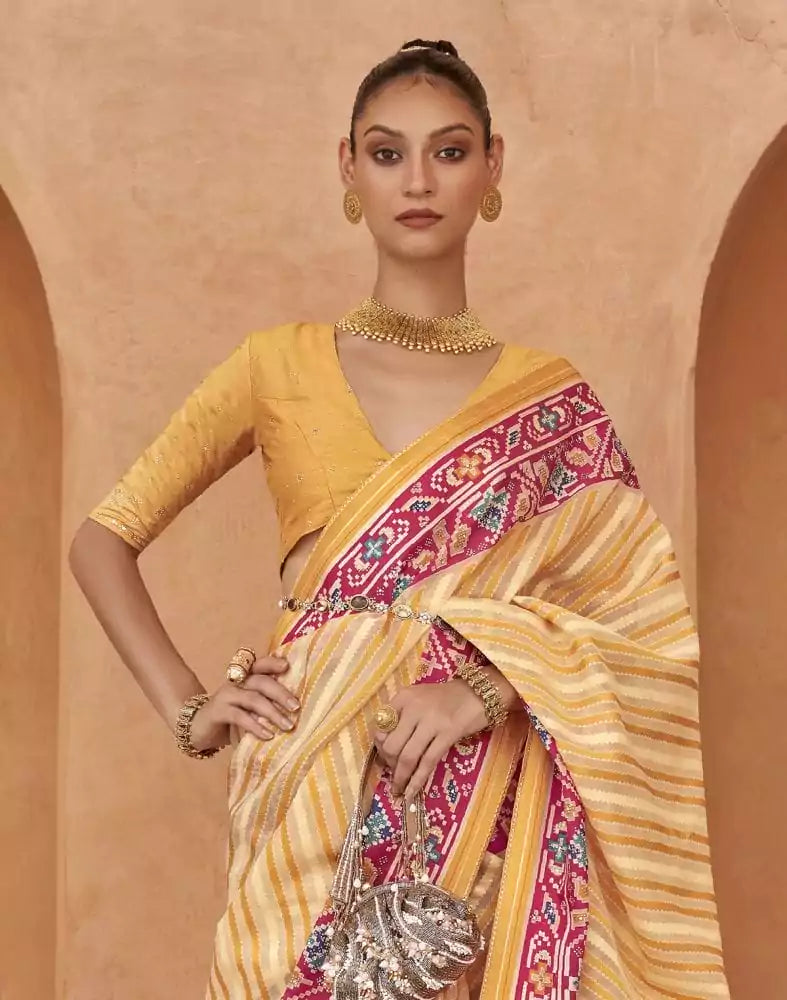Image of Mustard Stripes Pattern Hand Painted Brasso Saree
