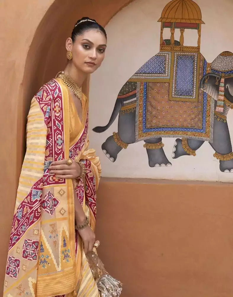 Image of Mustard Stripes Pattern Hand Painted Brasso Saree