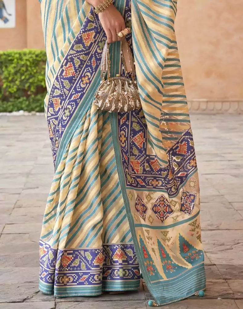 Image of Yellow Stripes Pattern Hand Painted Brasso Saree