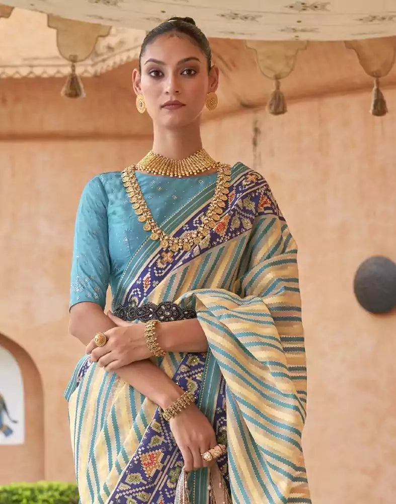 Image of Yellow Stripes Pattern Hand Painted Brasso Saree