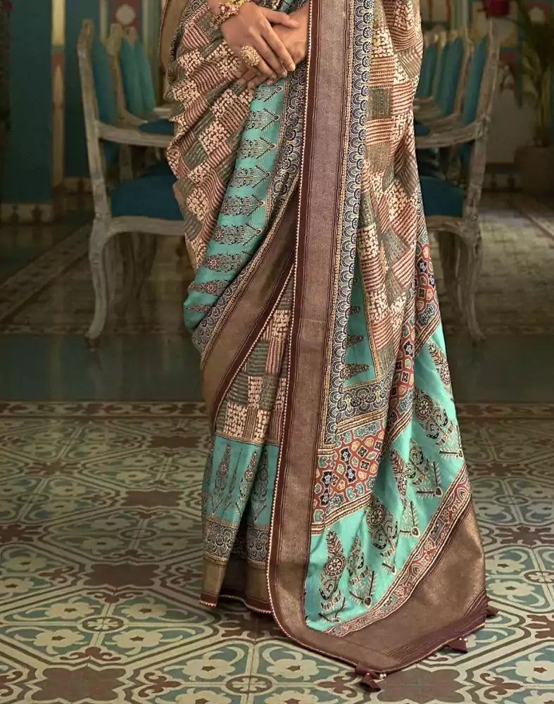 Image of Light Brown Geometric Print Banaras Silk Patola Saree