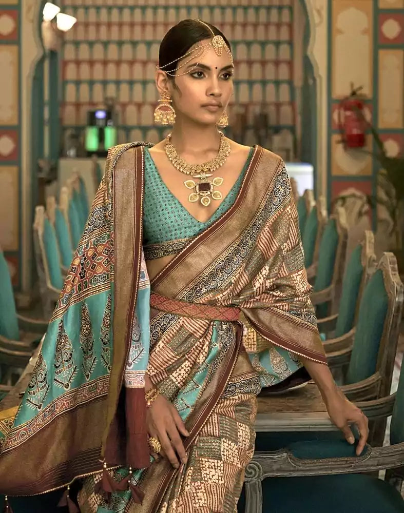 Image of Light Brown Geometric Print Banaras Silk Patola Saree