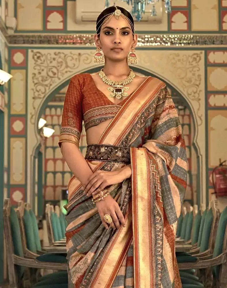 Image of Grey Checks Pattern Banaras Silk Patola Saree
