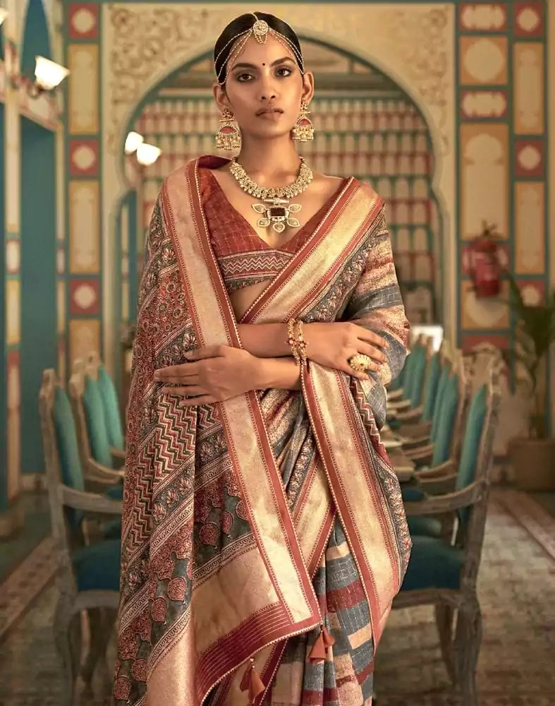 Image of Grey Checks Pattern Banaras Silk Patola Saree