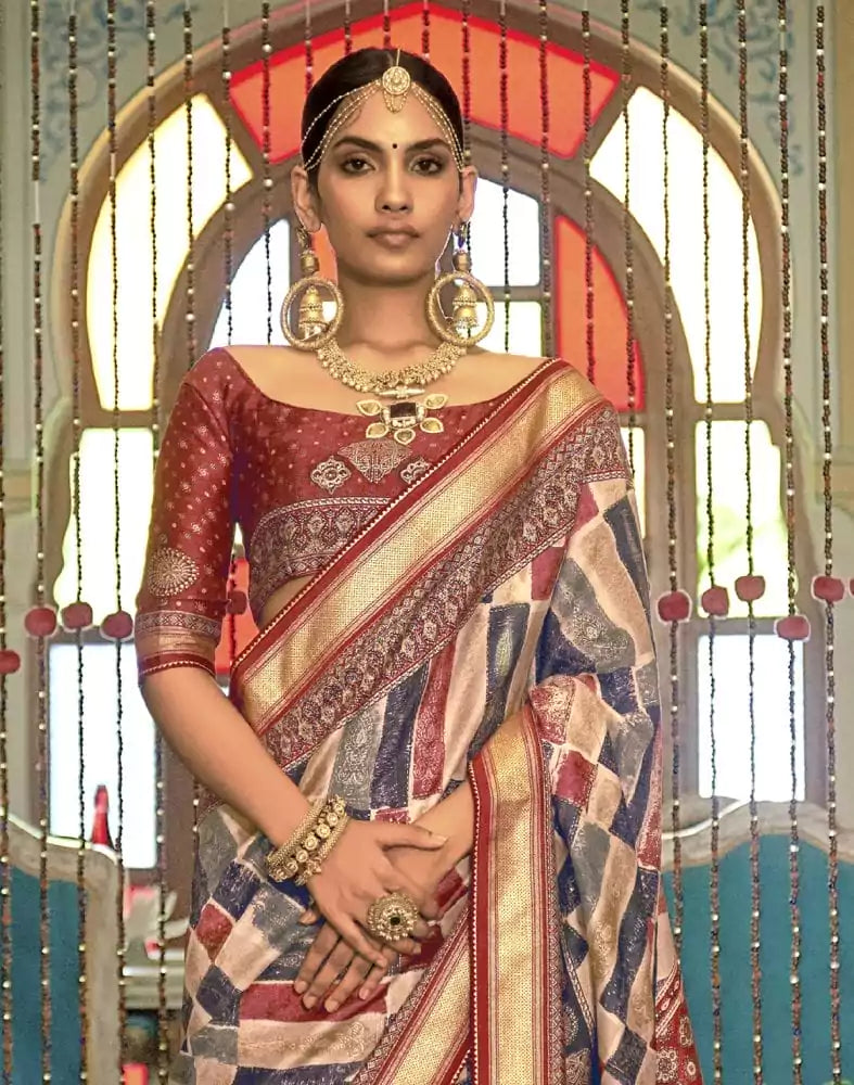 Image of Multi Color Graphic Print Banaras Silk Patola Saree