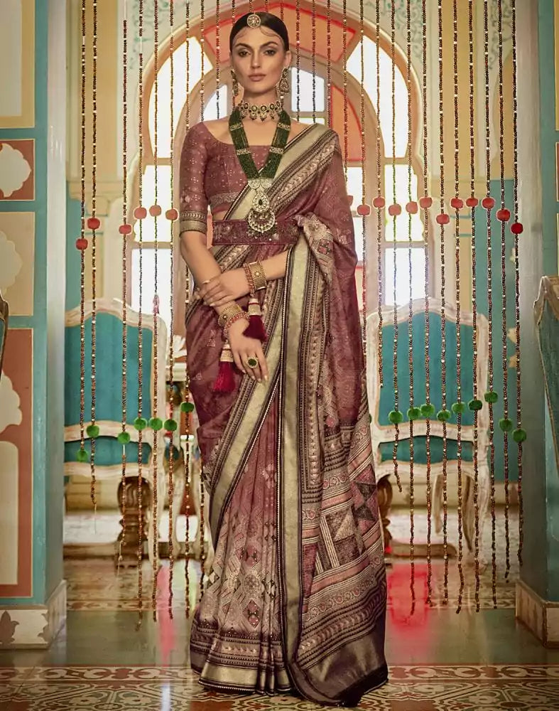 Image of Brown Geometric Print Banaras Silk Patola Saree