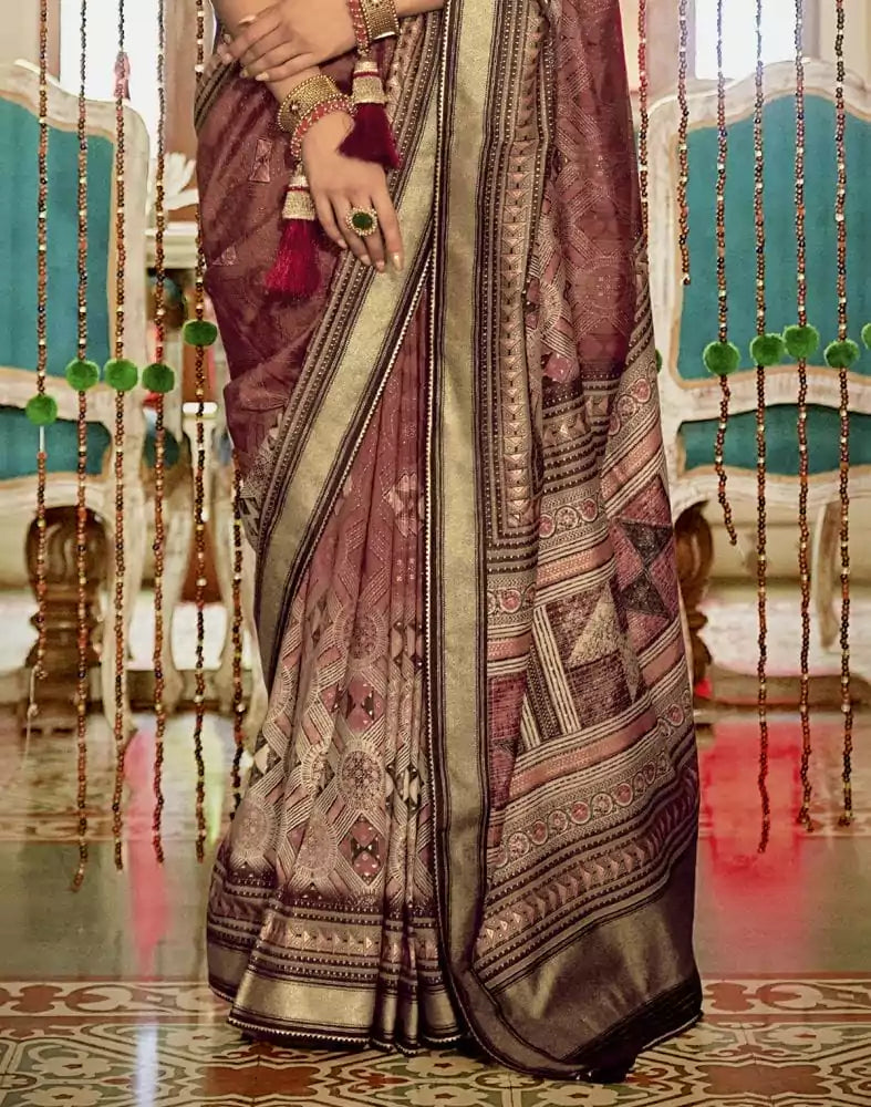 Image of Brown Geometric Print Banaras Silk Patola Saree