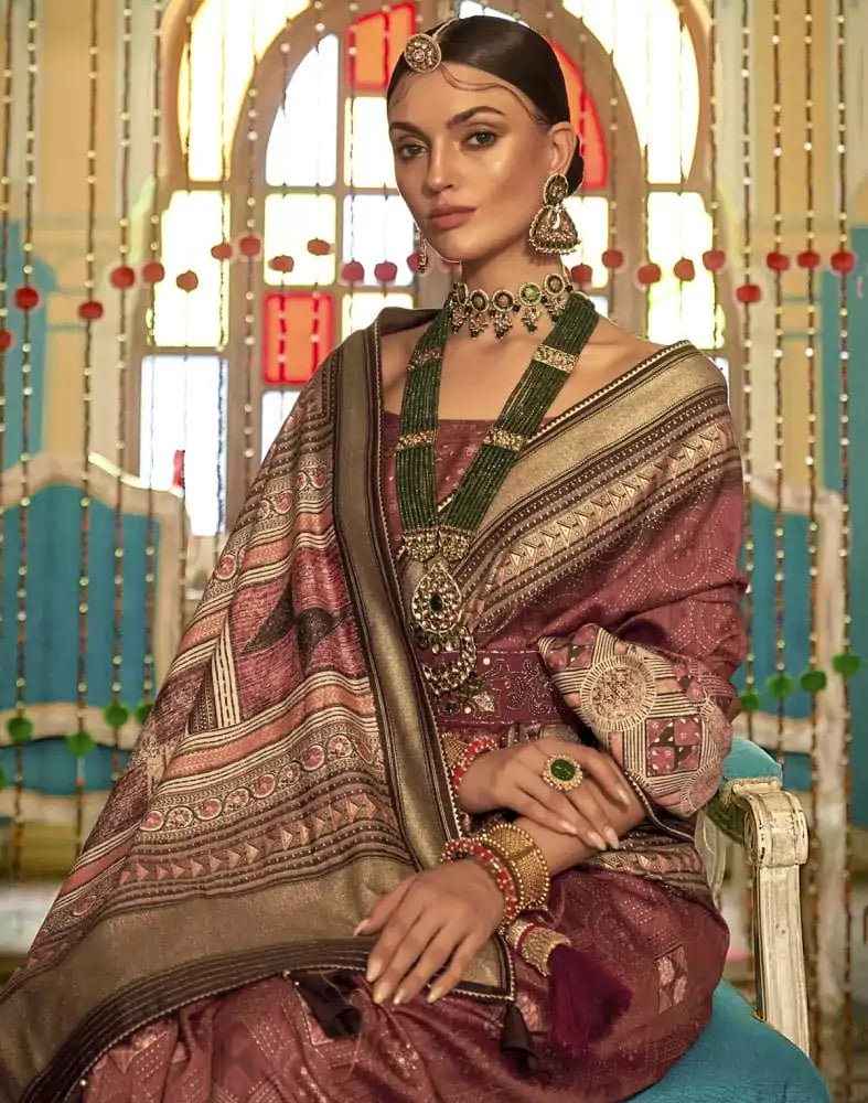Image of Brown Geometric Print Banaras Silk Patola Saree