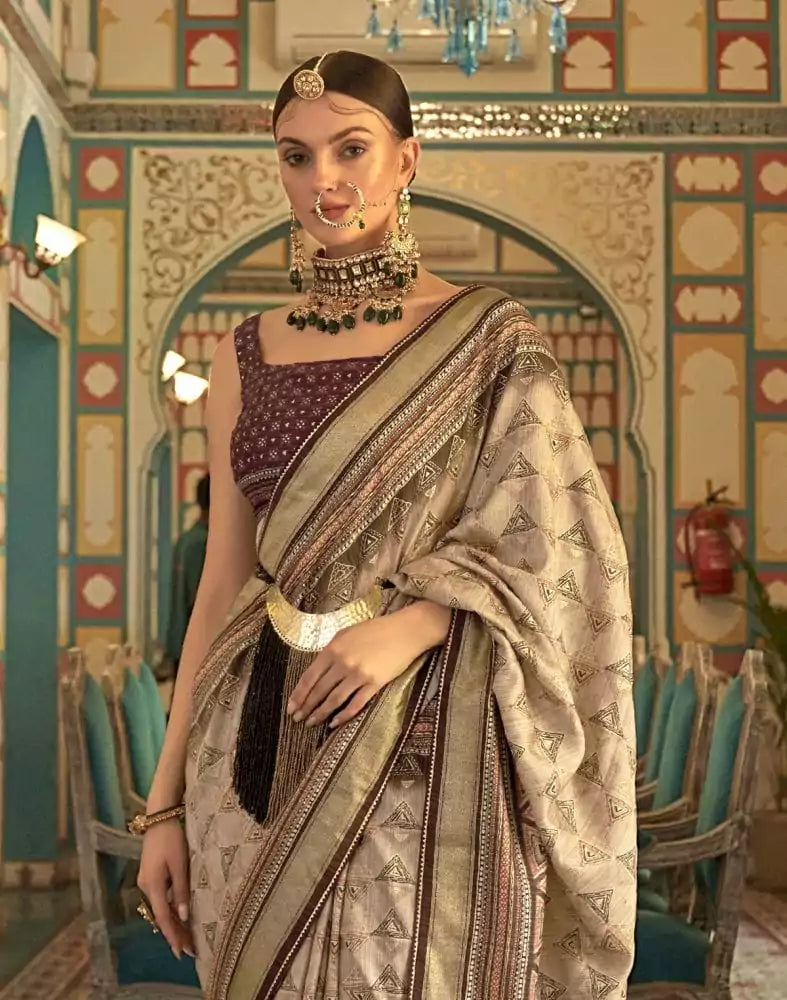 Image of Beige Geometric Print Banaras Silk Patola Fabric Saree