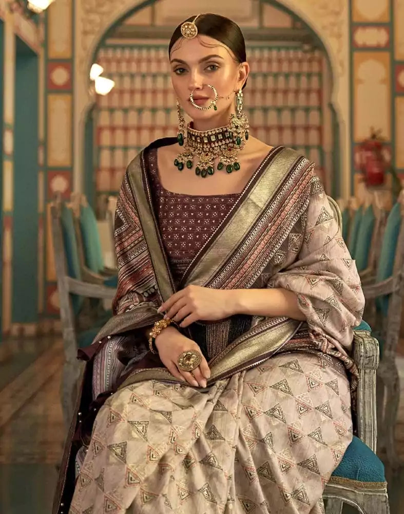 Image of Beige Geometric Print Banaras Silk Patola Fabric Saree