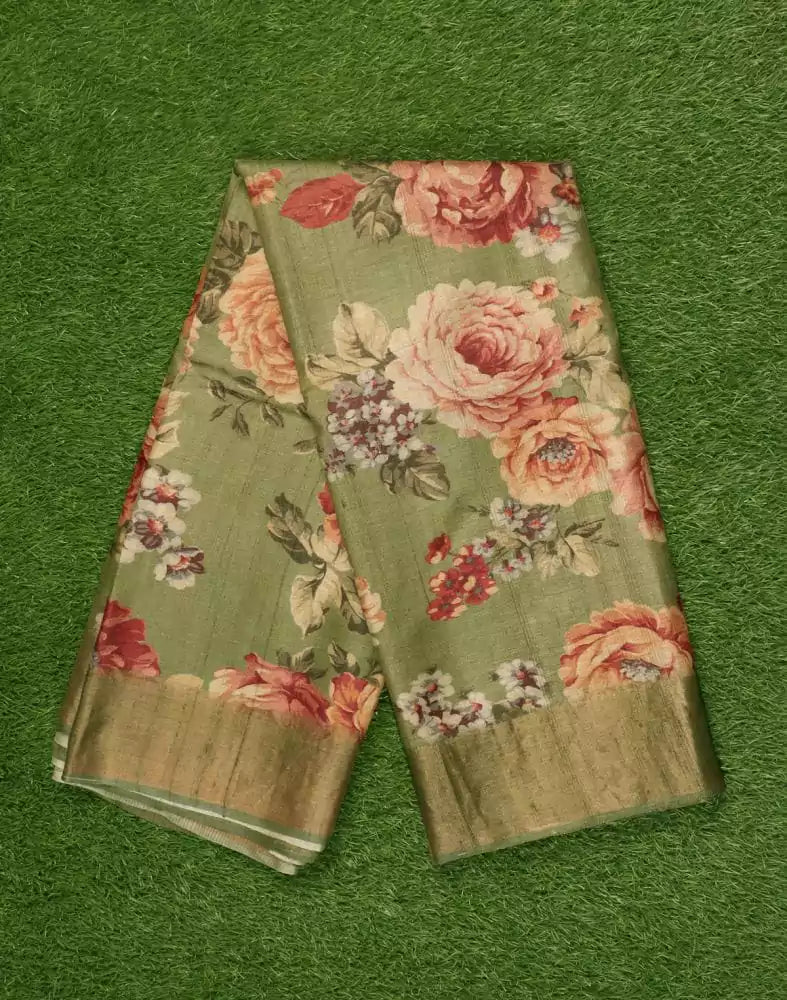 Image of Mehendi Green Floral Printed Jute Saree