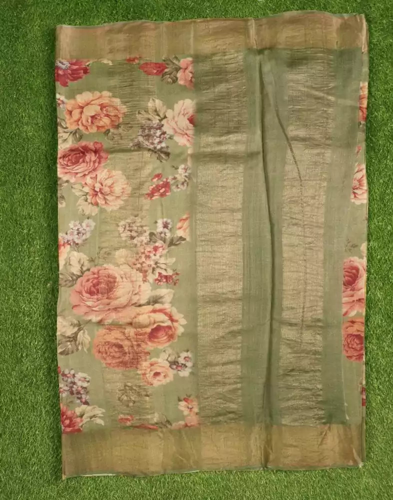Image of Mehendi Green Floral Printed Jute Saree