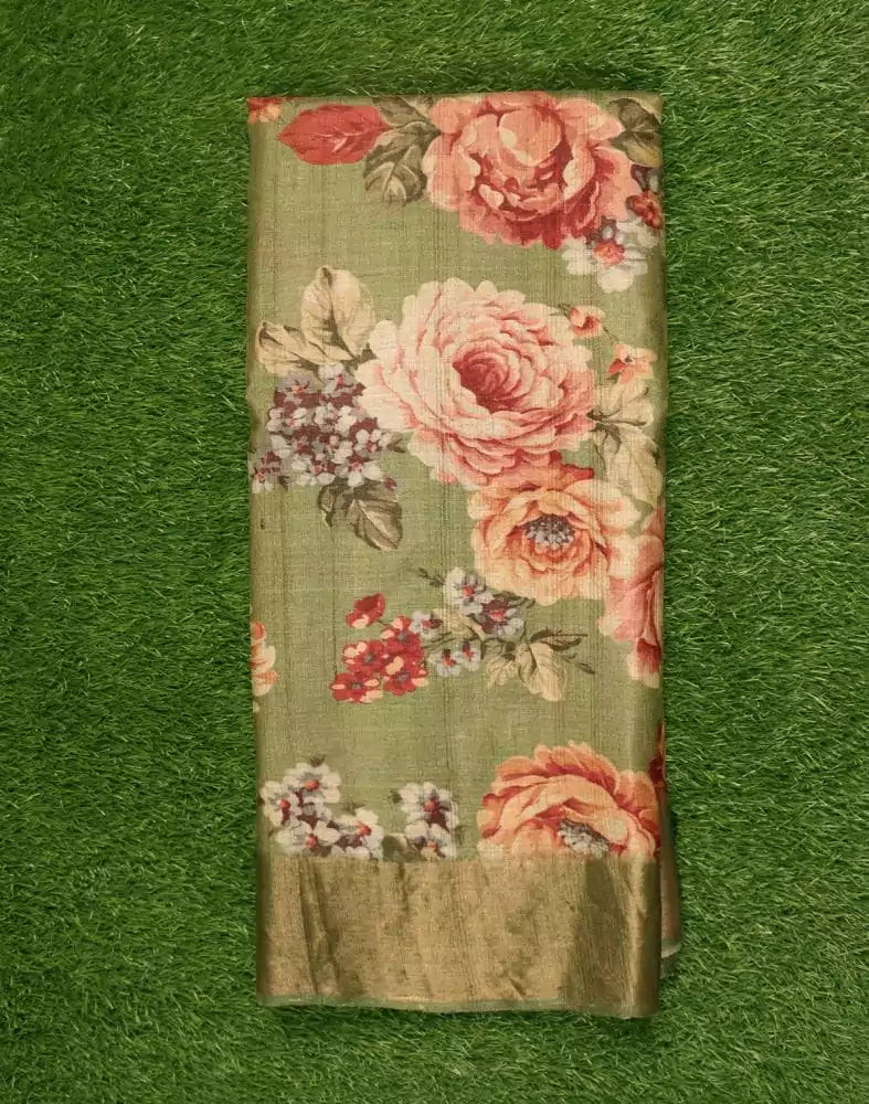 Image of Mehendi Green Floral Printed Jute Saree