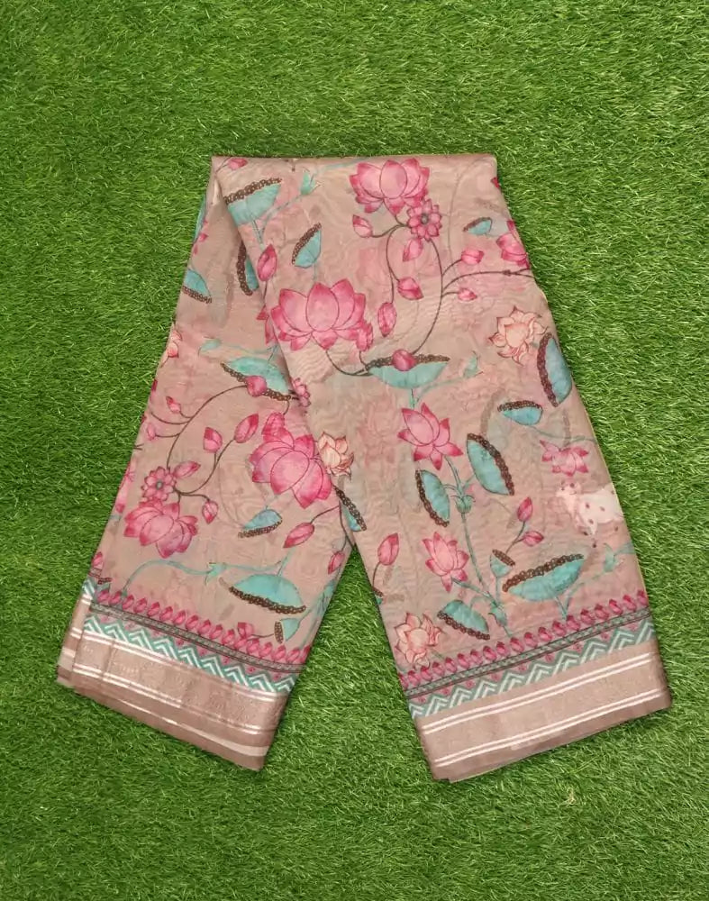 Image of Grey Coloured Floral Pattern Organza Saree