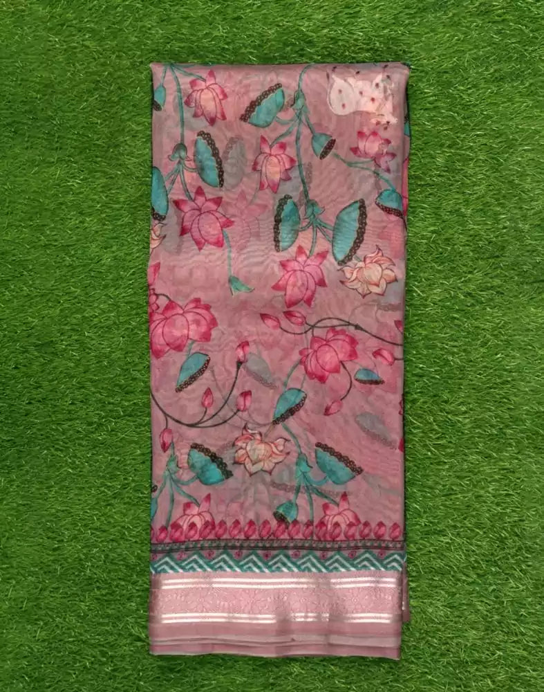 Image of Light Pink Floral Printed Organza Saree