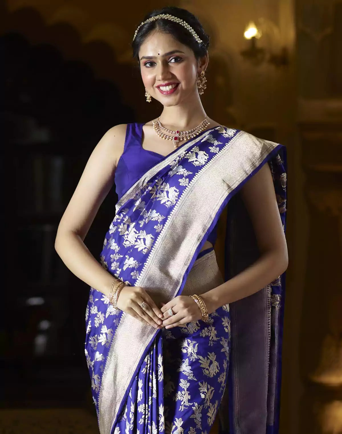 Image of Graceful Blue Floral design Pure Kataan Banaras Silk Saree