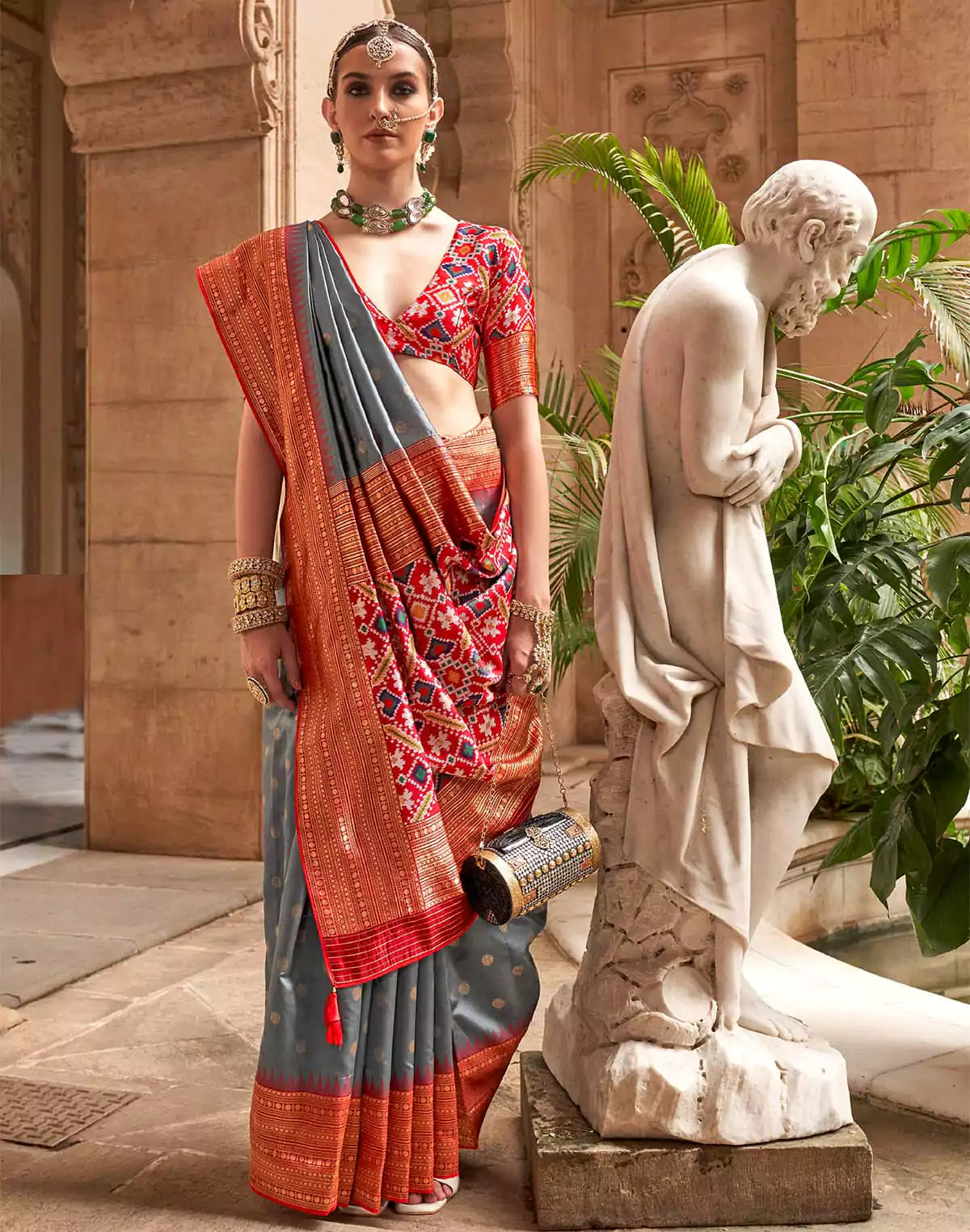 Image of Grey Soft Banaras Patola Saree