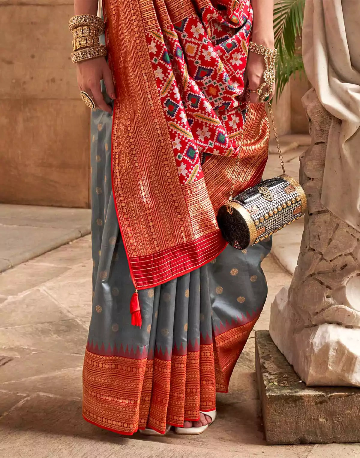 Image of Grey Soft Banaras Patola Saree