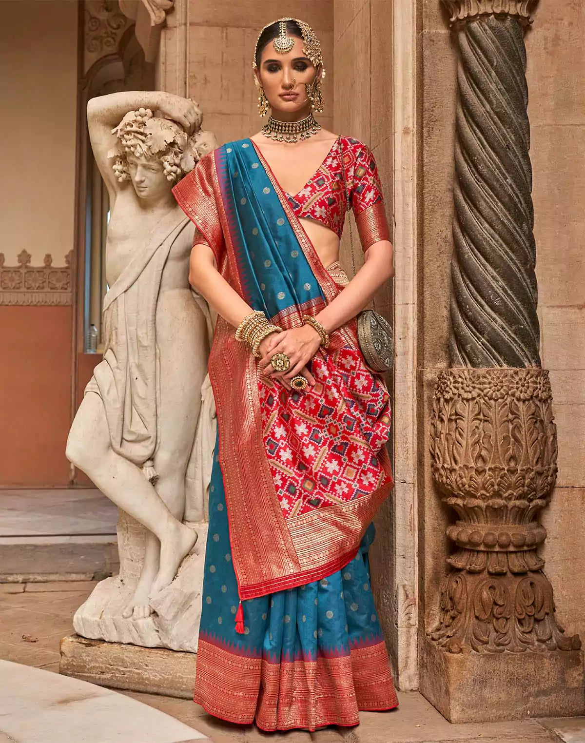 Image of Peacock Blue Banaras Patola Saree