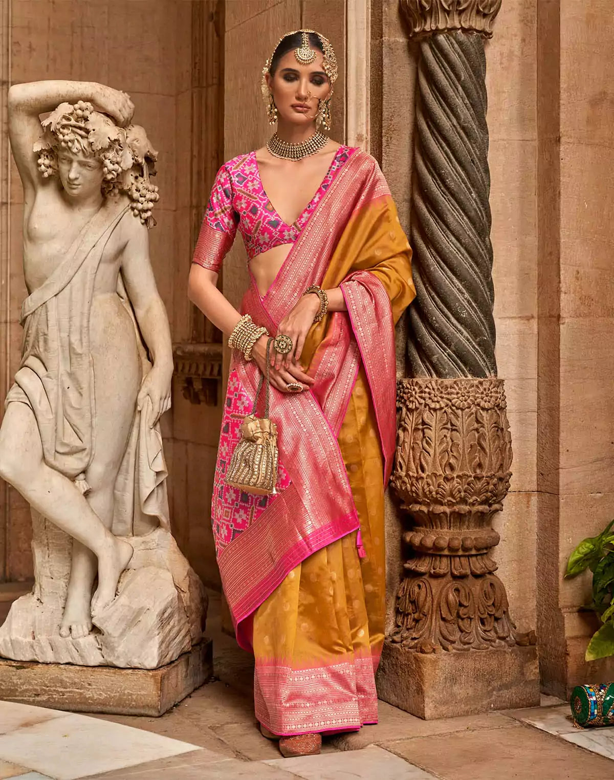 Image of Mustard Butta Soft Banaras Patola Saree