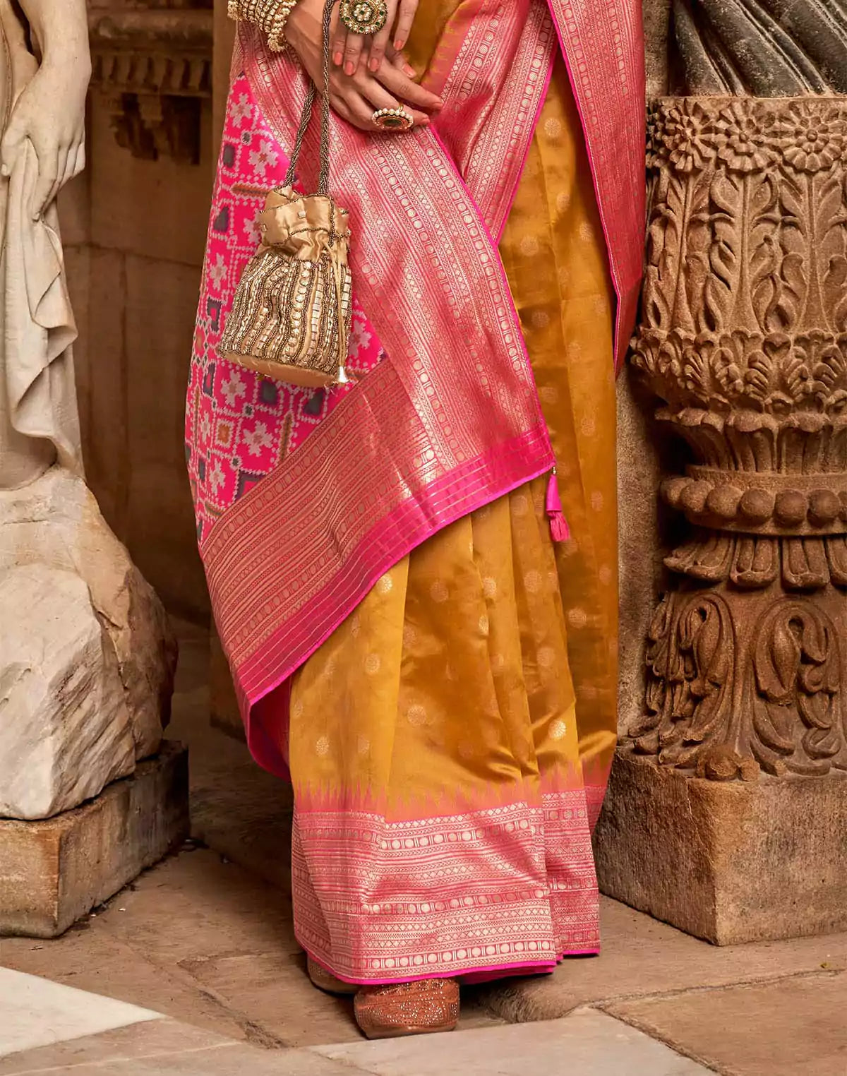 Image of Mustard Butta Soft Banaras Patola Saree