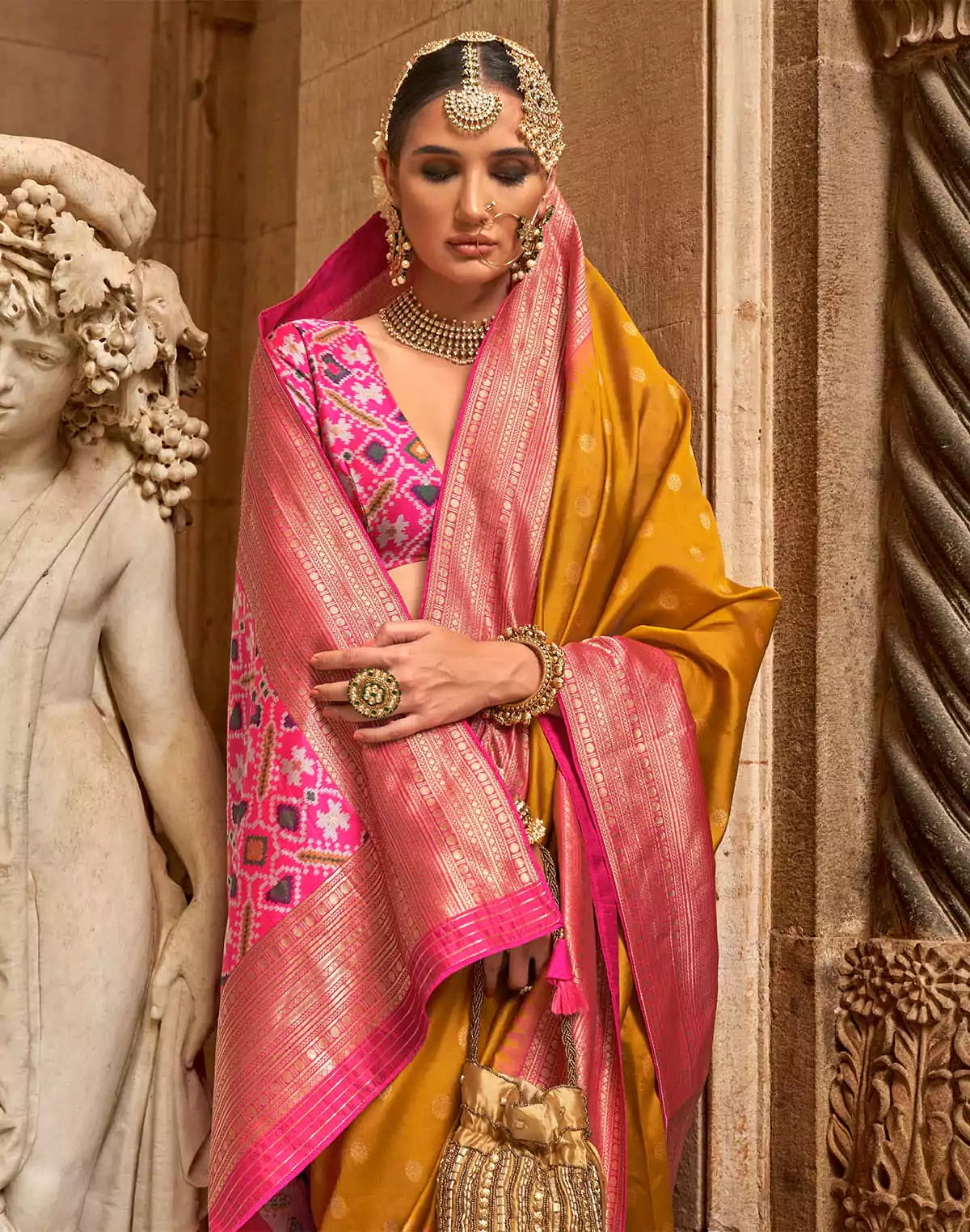 Image of Mustard Butta Soft Banaras Patola Saree