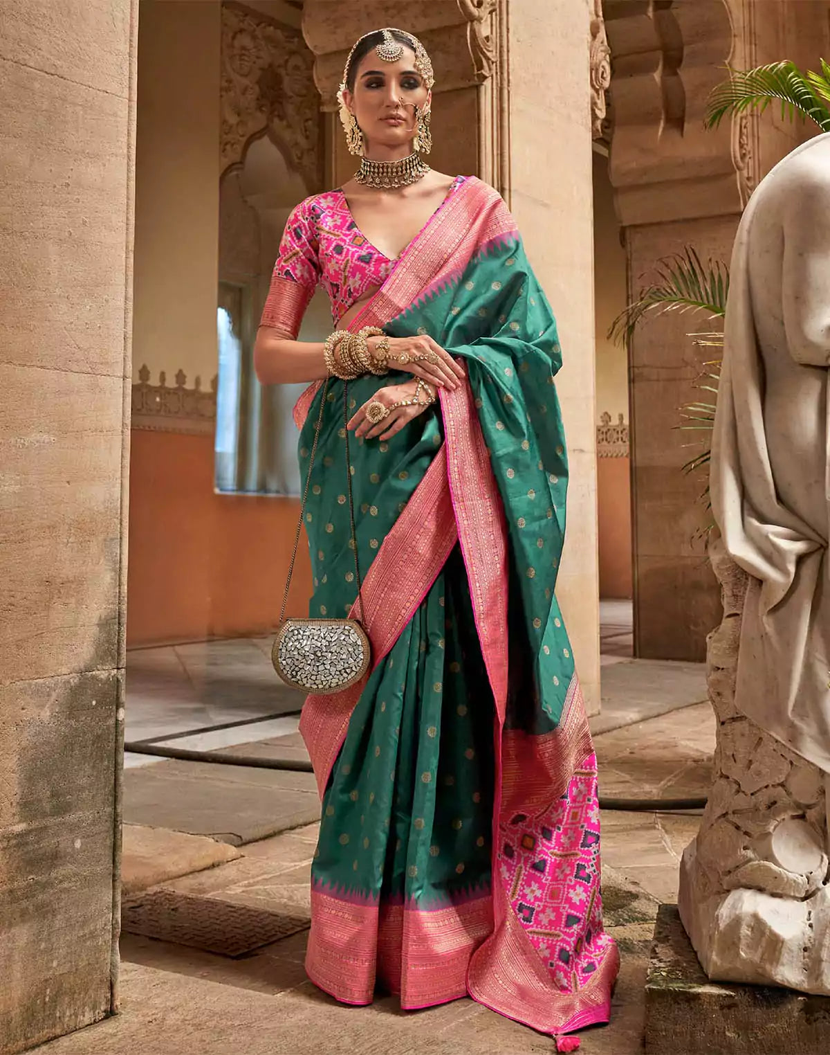 Image of Green Butta Pattern Banaras Patola Saree