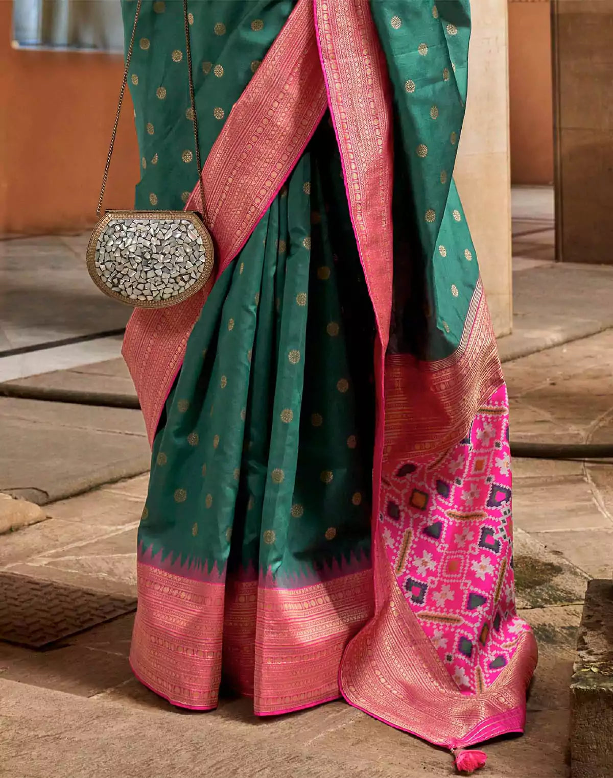 Image of Green Butta Pattern Banaras Patola Saree