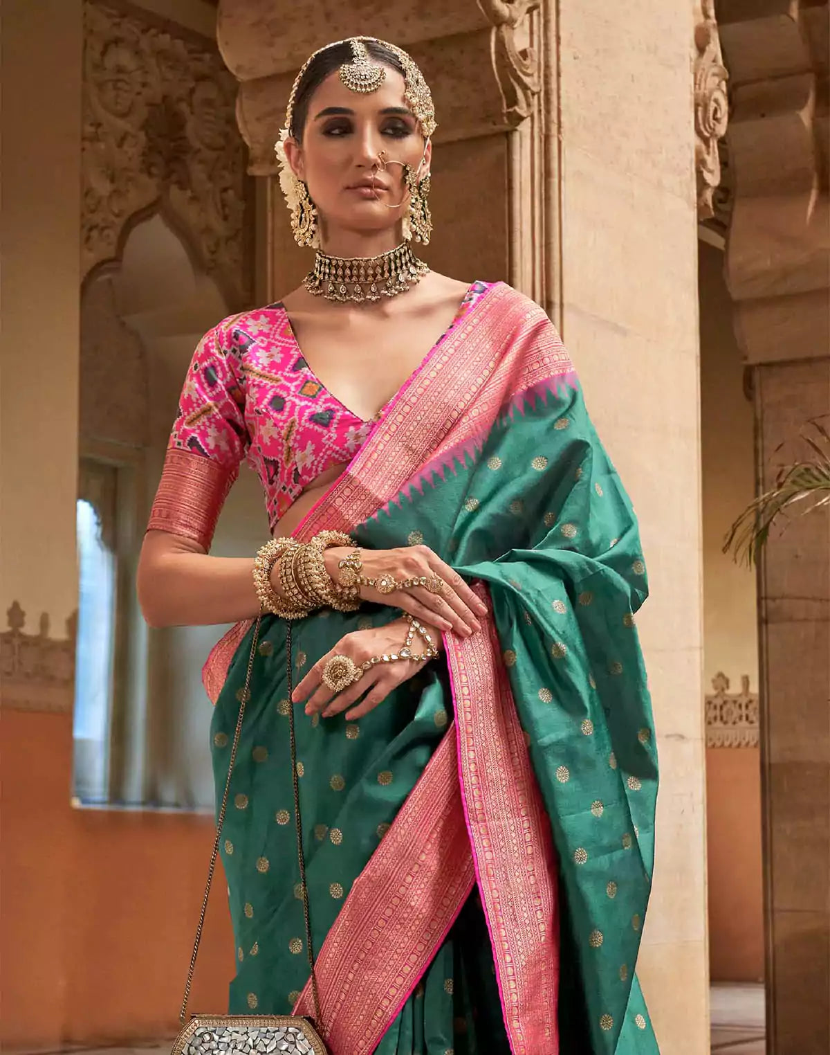 Image of Green Butta Pattern Banaras Patola Saree