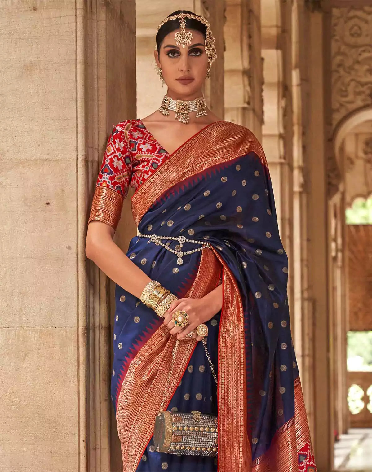 Image of Navy Blue Soft Banaras Patola Saree