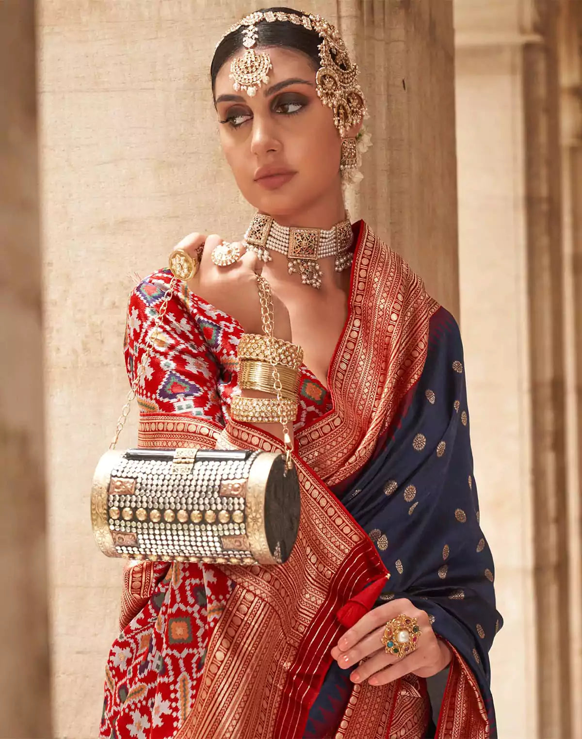 Image of Navy Blue Soft Banaras Patola Saree