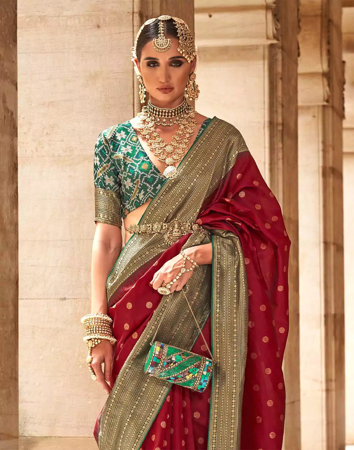 Image of Maroon and Green Banaras Patola Saree