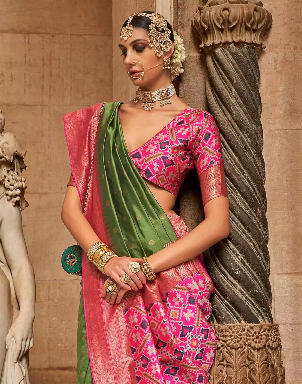 Image of Mehendi Green Banaras Butta Patola Saree