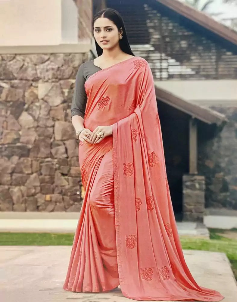 Image of Peach Plain Satin Stones Work Saree