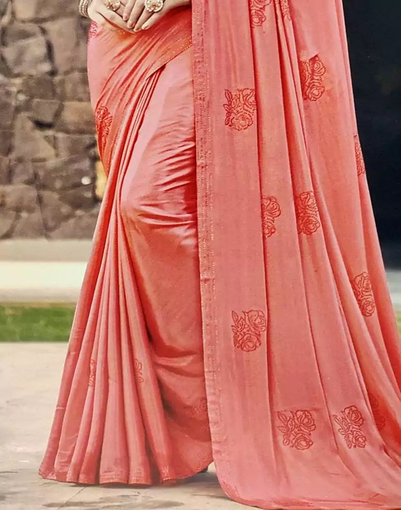 Image of Peach Plain Satin Stones Work Saree