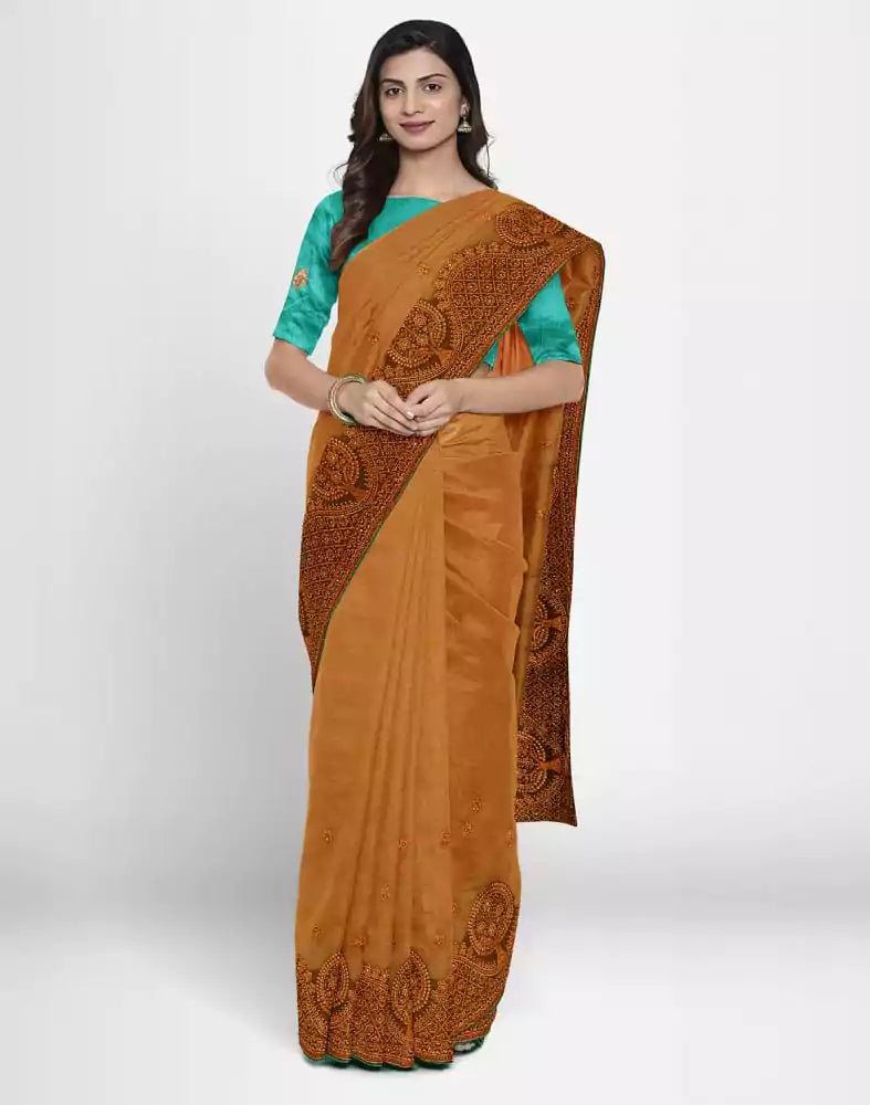 Image of Mustard Floral Embroidery work Chiffon Saree
