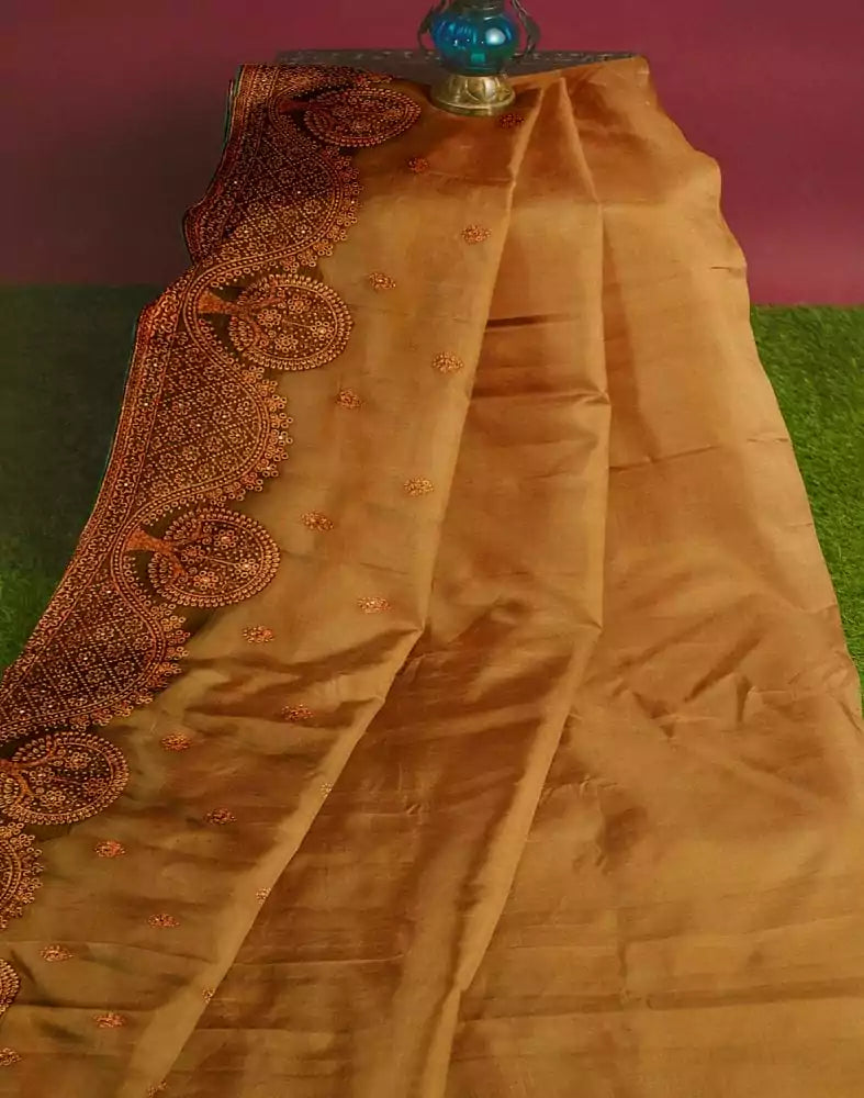Image of Mustard Floral Embroidery work Chiffon Saree
