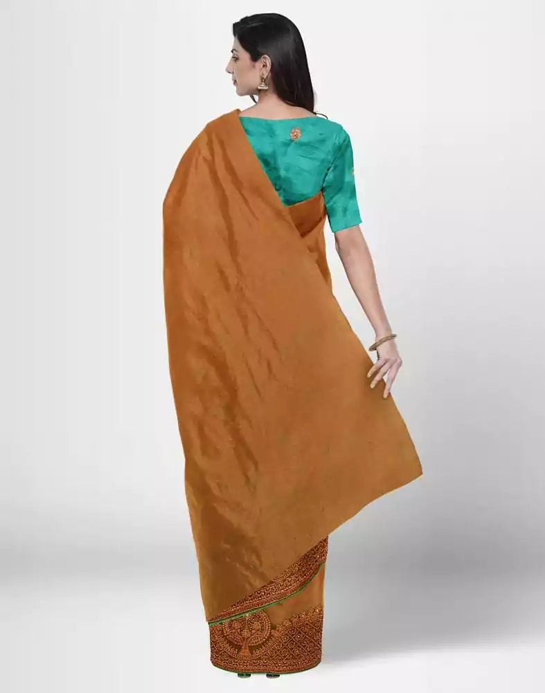 Image of Mustard Floral Embroidery work Chiffon Saree
