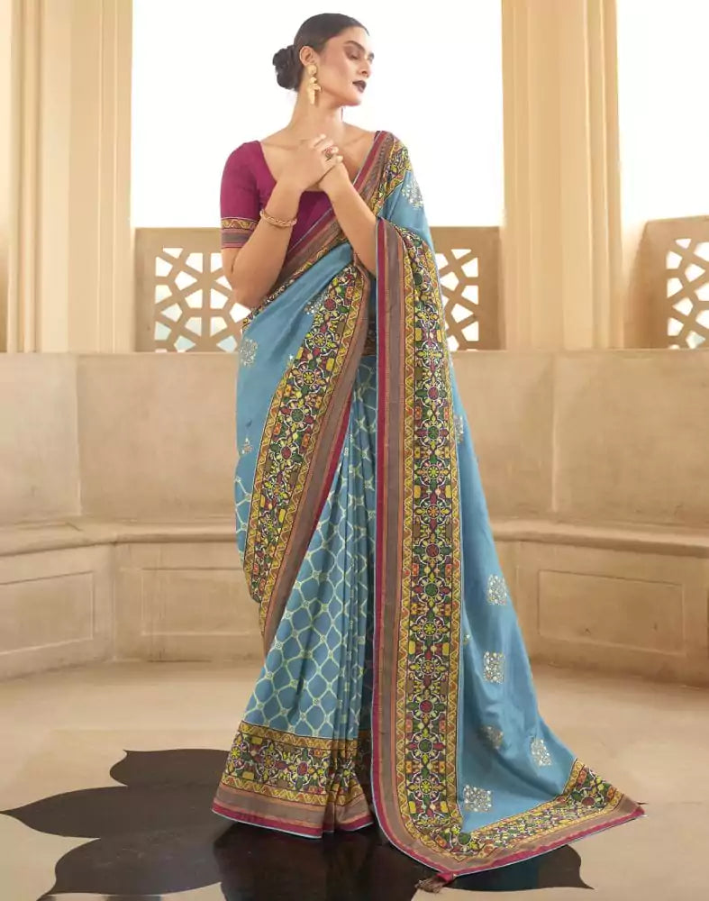 Image of Sky Blue Geometric Print Dola Silk Saree