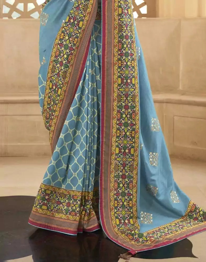 Image of Sky Blue Geometric Print Dola Silk Saree