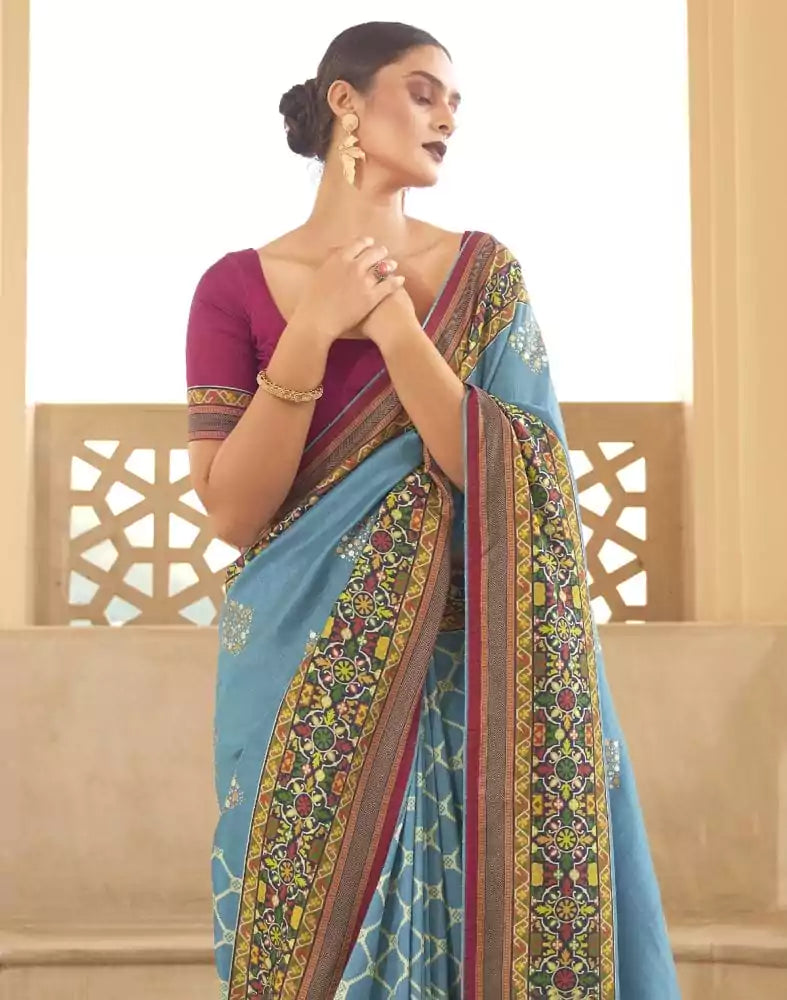 Image of Sky Blue Geometric Print Dola Silk Saree