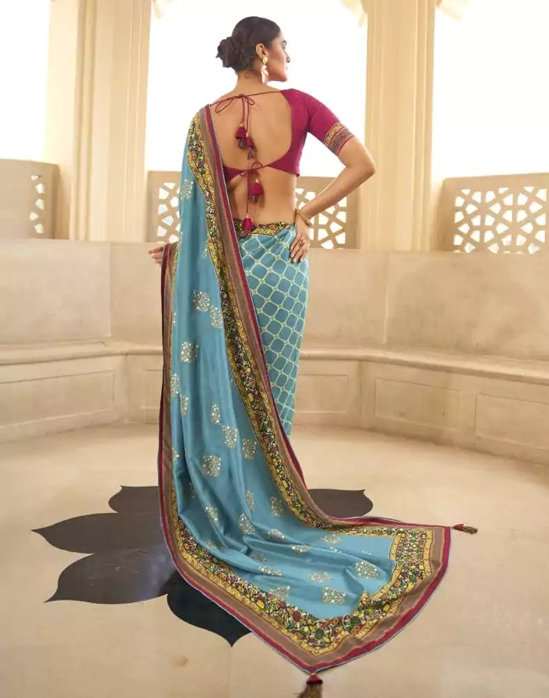 Image of Sky Blue Geometric Print Dola Silk Saree