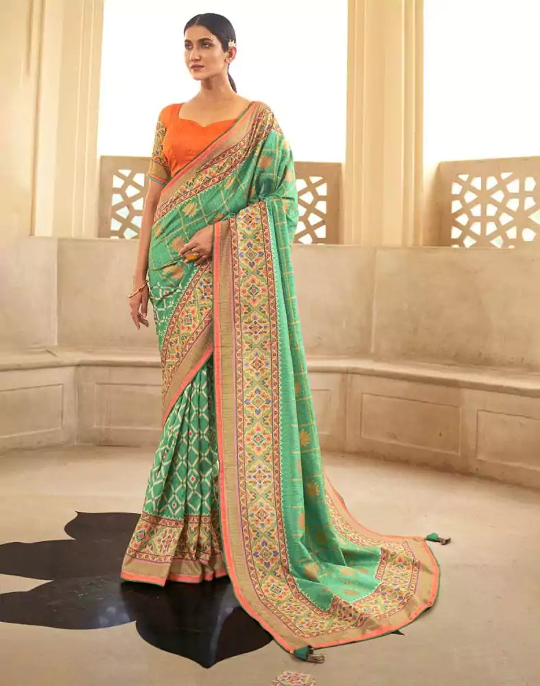 Image of Green Floral Dola Silk Fabric Saree