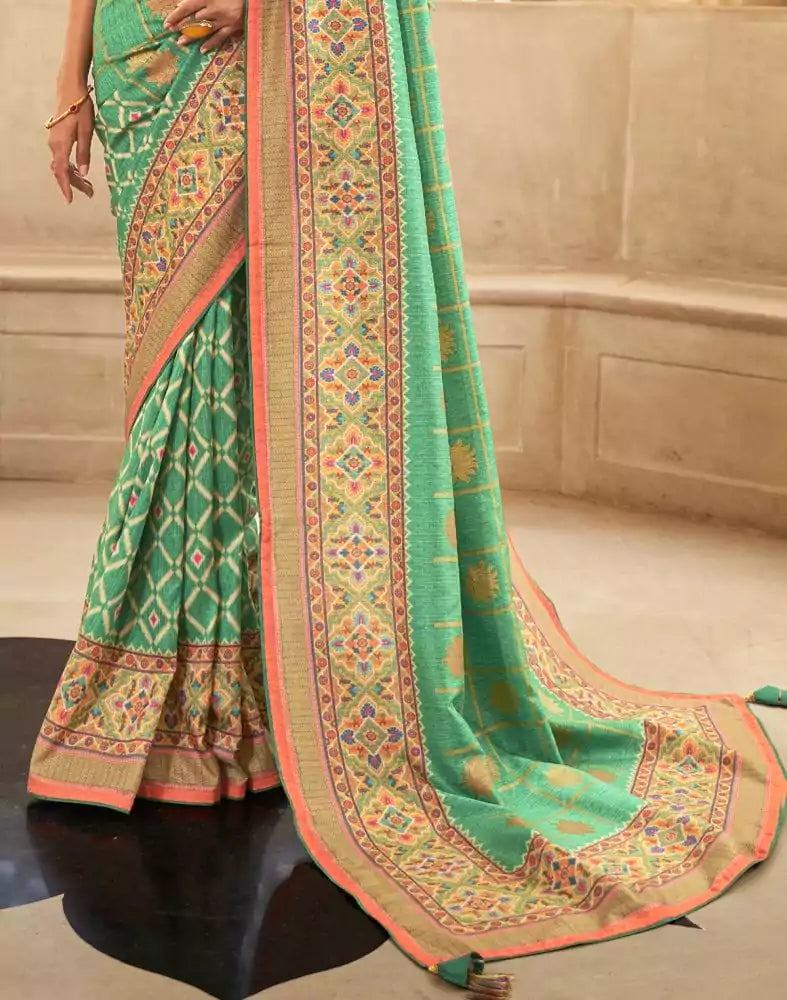 Image of Green Floral Dola Silk Fabric Saree