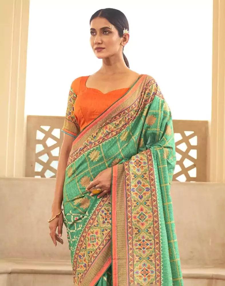 Image of Green Floral Dola Silk Fabric Saree