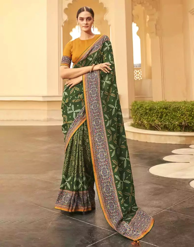 Image of Dark Green Floral Print Dola Silk Saree